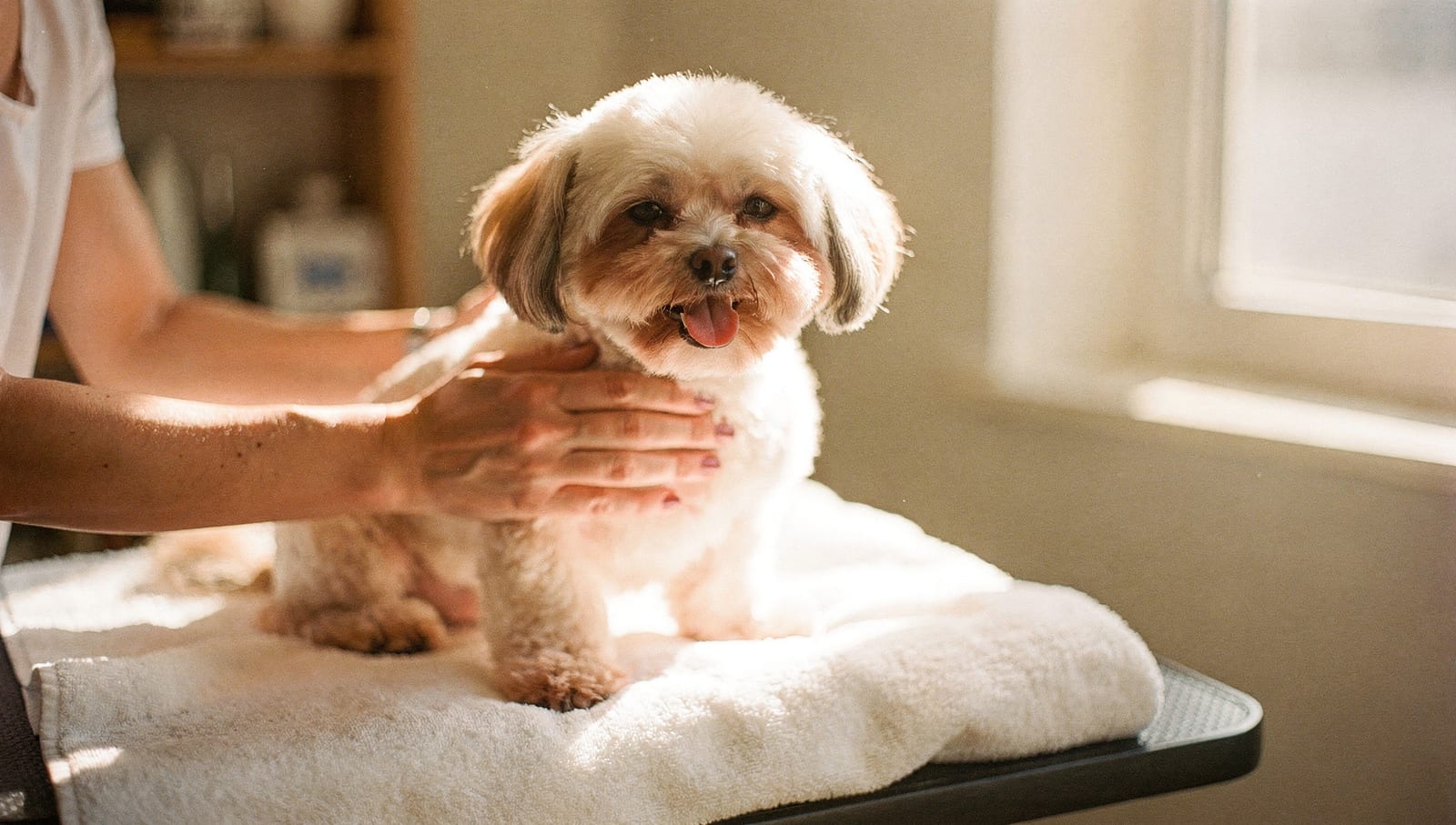 A freshly groomed, happy little dog resting in warm daylight while being gently handled