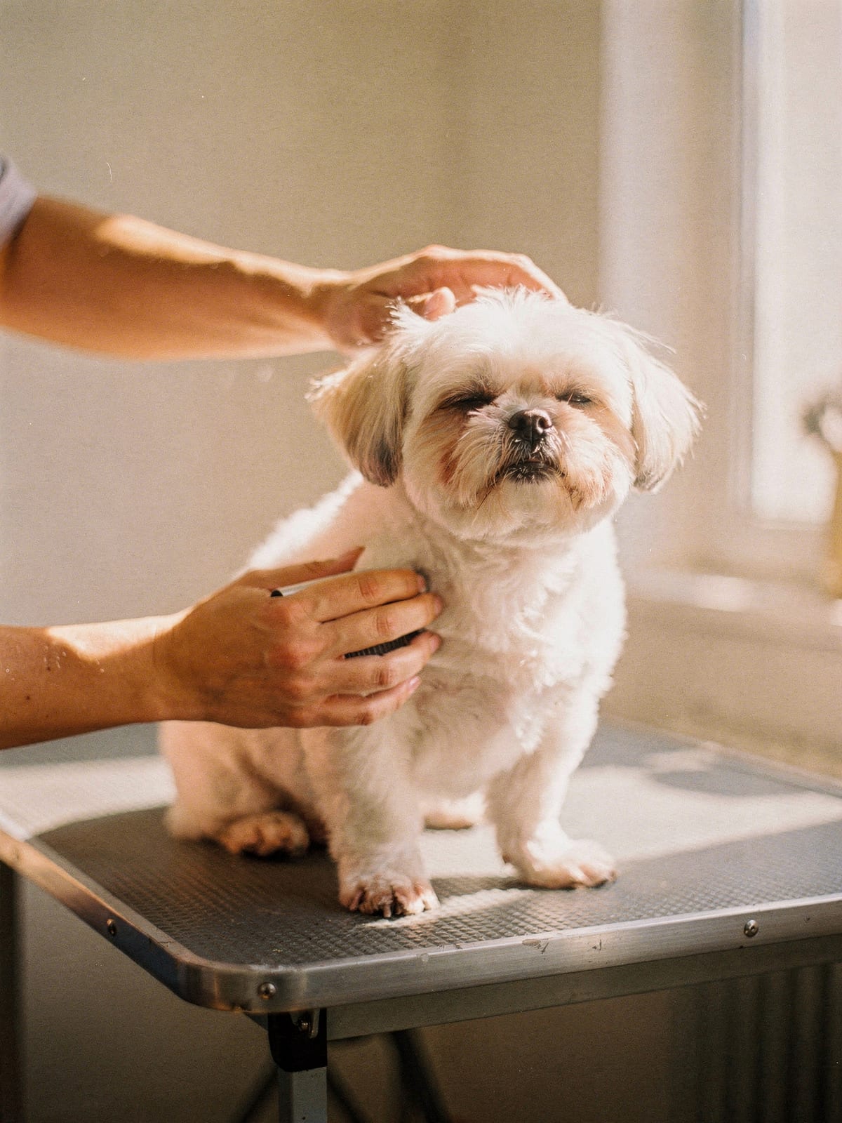 A groomer’s gentle hands carefully brushing out a calm dog’s clean coat
