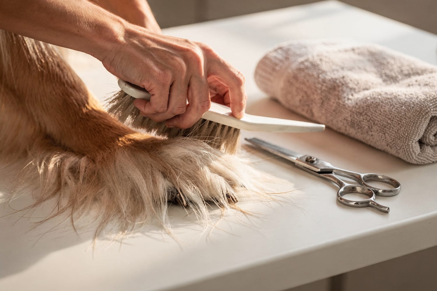 Close-up of a soft brush gliding through a clean dog’s coat beside grooming scissors and a folded towel