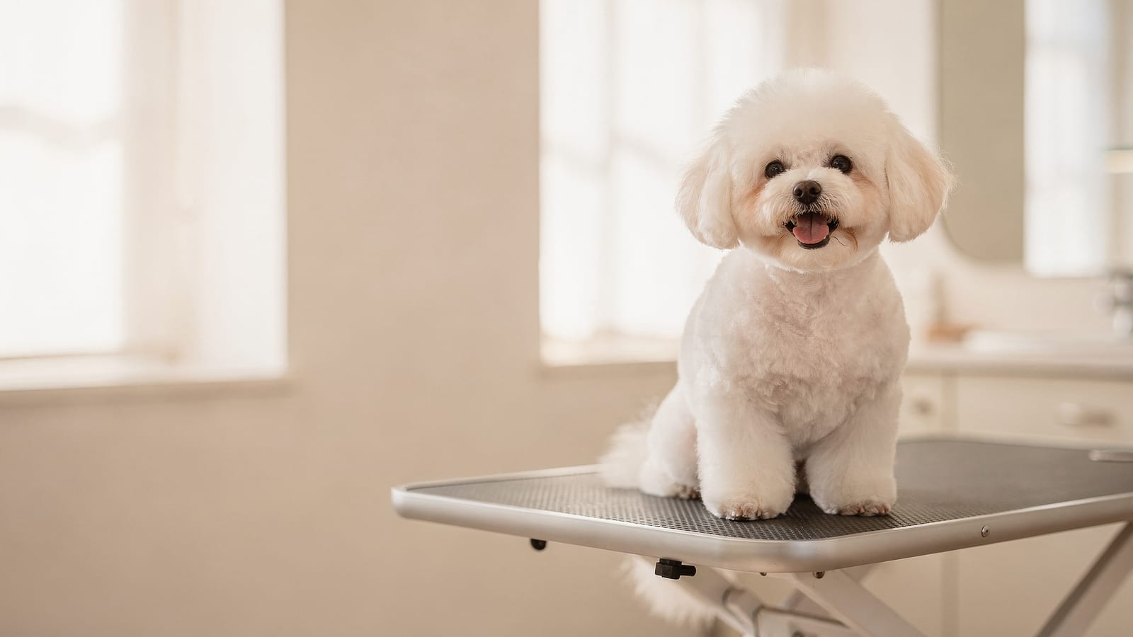 A freshly groomed white dog sitting comfortably on a grooming table in bright, calm light
